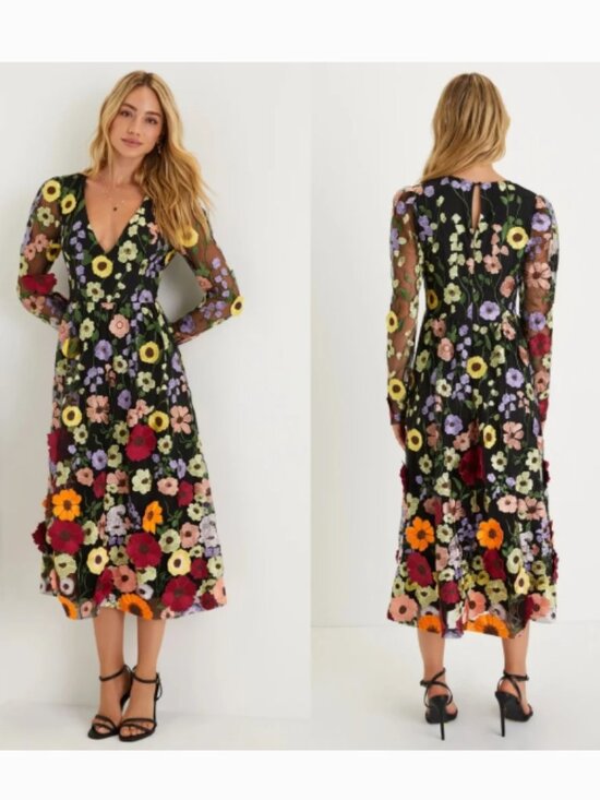 Lulus Dresses & Skirts - Lulu's Impressive Blossom Black 3D Floral Embroidered Midi Dress womens Medium